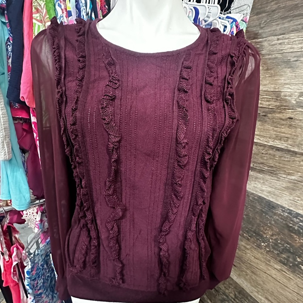 White House Black Market‎ Sweater  maroon Red Ruffled Blouse